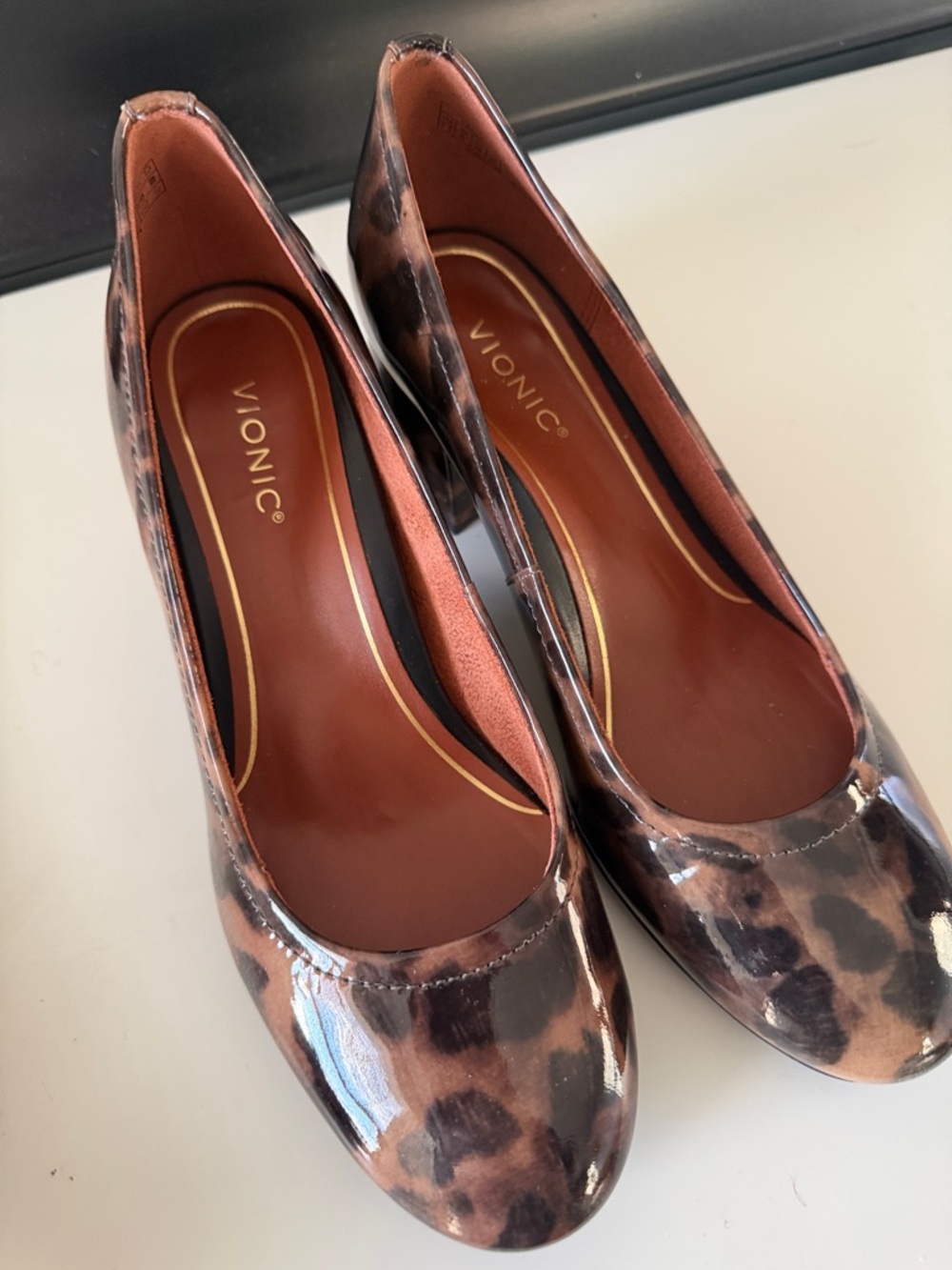 Vionic Leopard-Print Patent Leather Round-Toe Heels - Brown/Tan